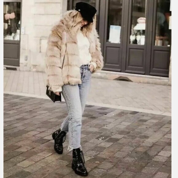 Zara Short Faux Fur Coat Natural Beige - Picture 3 of 10